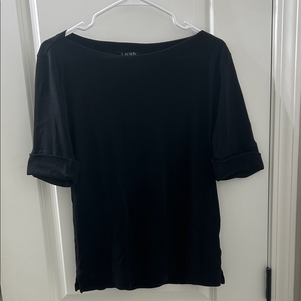 Lauren by Ralph Lauren Black Boatneck Short Sleeve Top with Rolled Sleeves